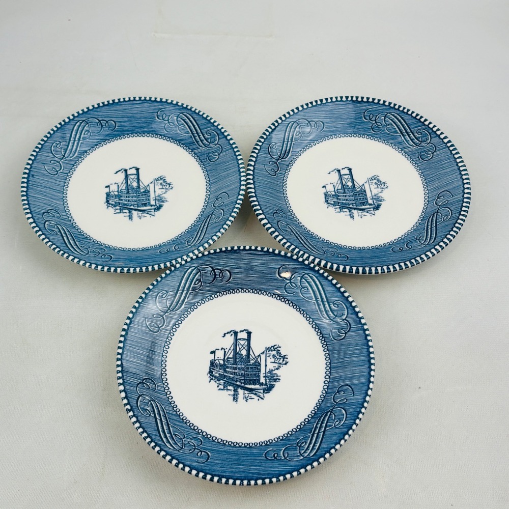 Currier & Ives Blue Plain Point Steamboat Riverboat 6" Saucer Plate Set of 3 Vtg